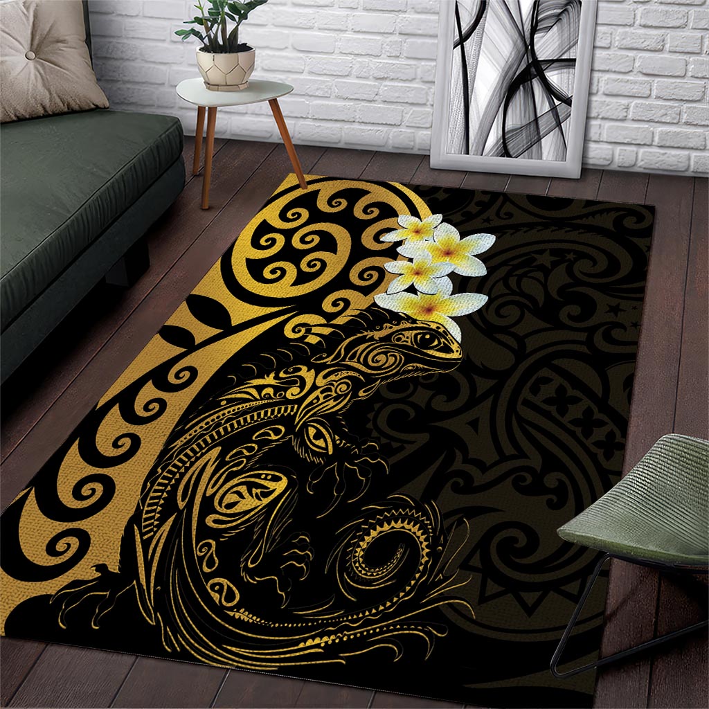 New Zealand Tuatara Plumeria Area Rug Maori Gold Koru Tribal Tattoo