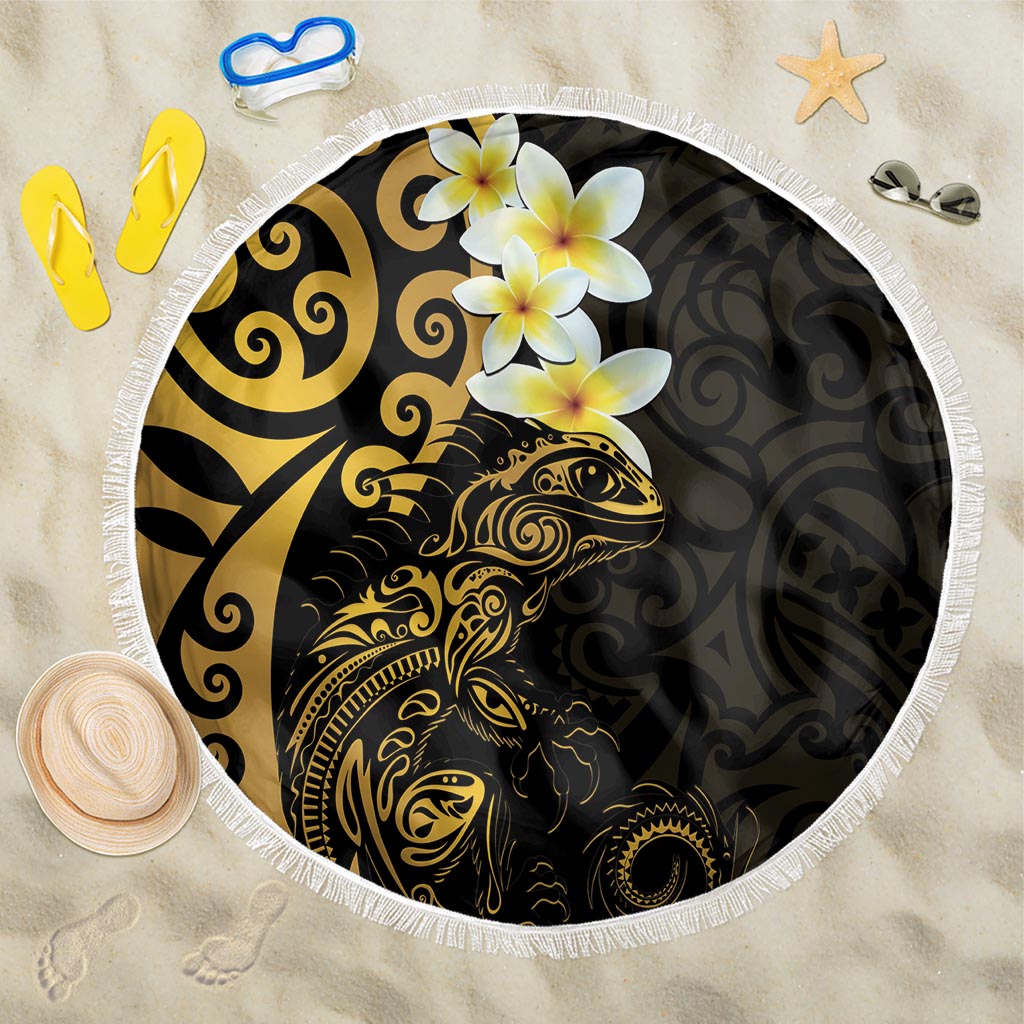 New Zealand Tuatara Plumeria Beach Blanket Maori Gold Koru Tribal Tattoo