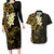 New Zealand Tuatara Plumeria Couples Matching Long Sleeve Bodycon Dress and Hawaiian Shirt Maori Gold Koru Tribal Tattoo