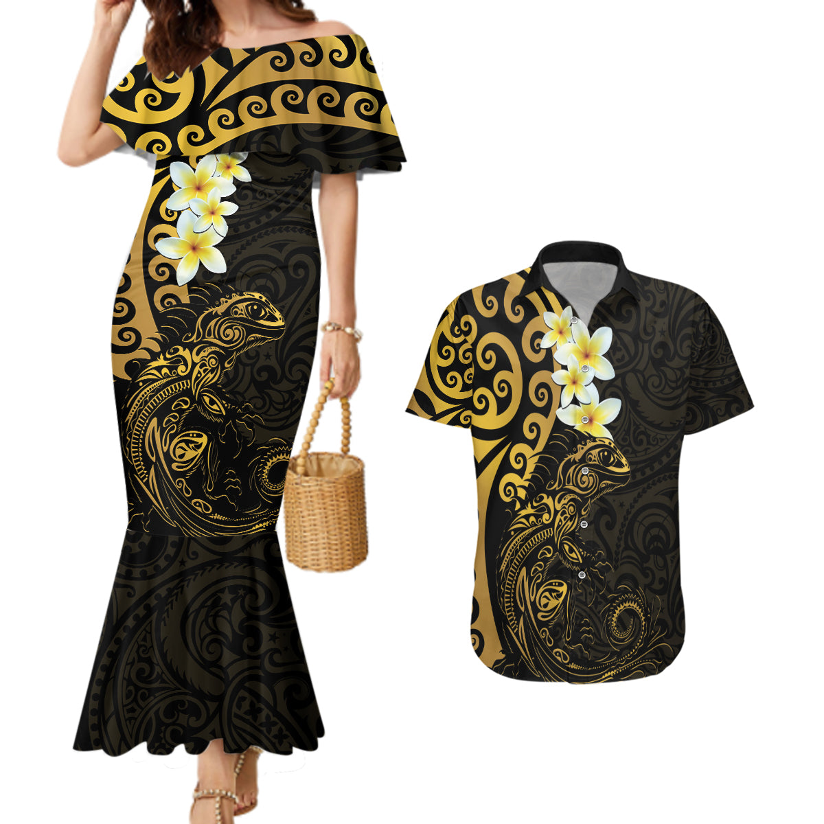 New Zealand Tuatara Plumeria Couples Matching Mermaid Dress and Hawaiian Shirt Maori Gold Koru Tribal Tattoo