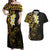 New Zealand Tuatara Plumeria Couples Matching Off Shoulder Maxi Dress and Hawaiian Shirt Maori Gold Koru Tribal Tattoo