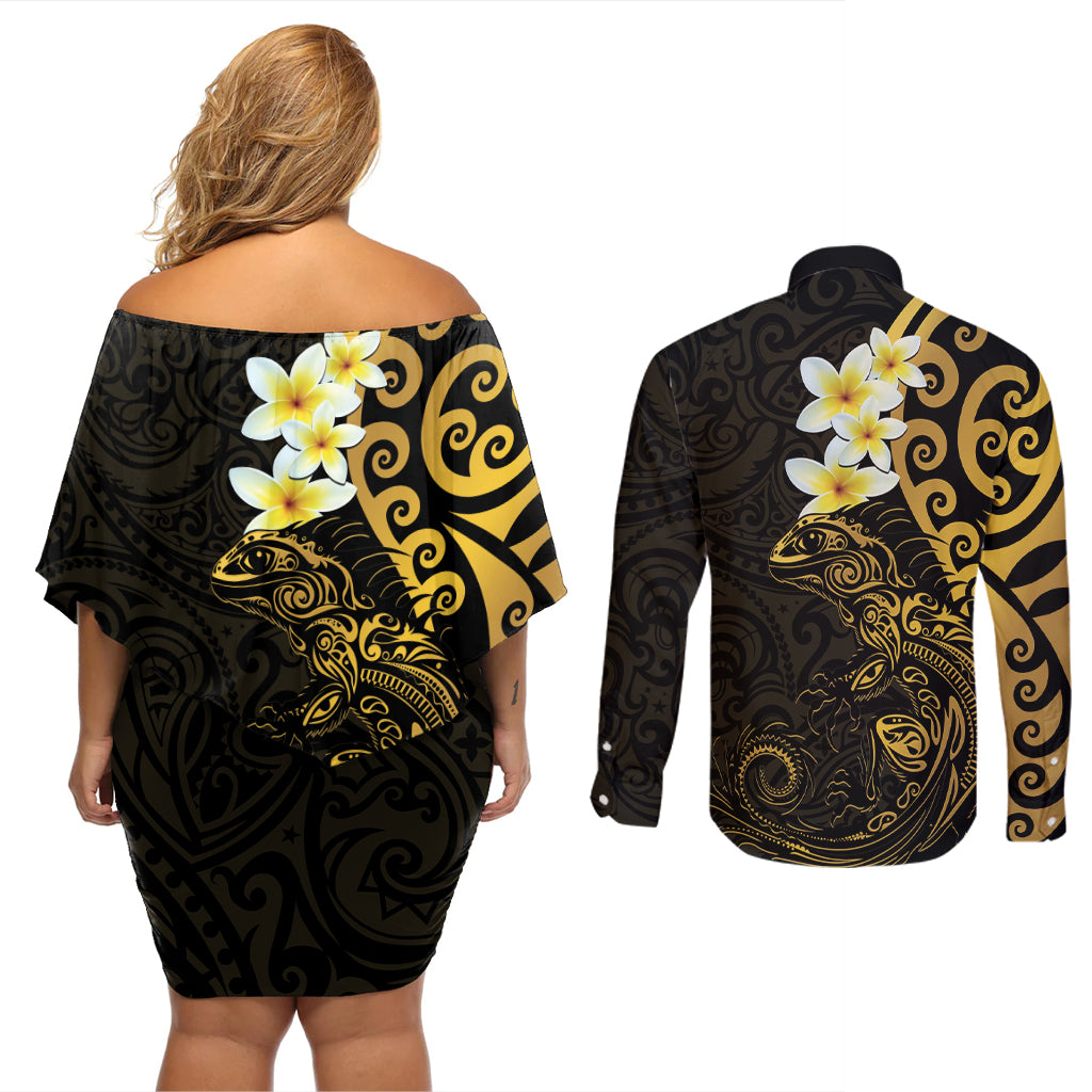 New Zealand Tuatara Plumeria Couples Matching Off Shoulder Short Dress and Long Sleeve Button Shirt Maori Gold Koru Tribal Tattoo