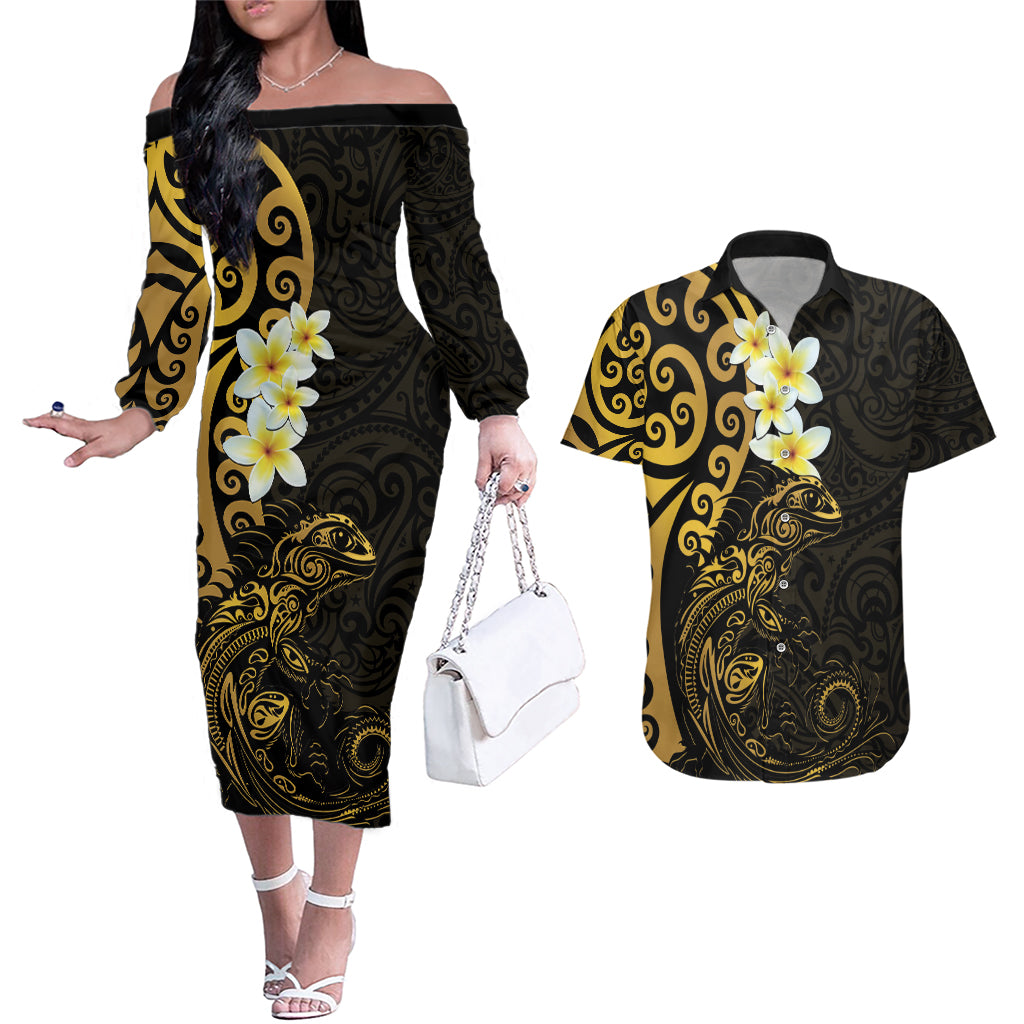 New Zealand Tuatara Plumeria Couples Matching Off The Shoulder Long Sleeve Dress and Hawaiian Shirt Maori Gold Koru Tribal Tattoo LT01 Gold - Polynesian Pride