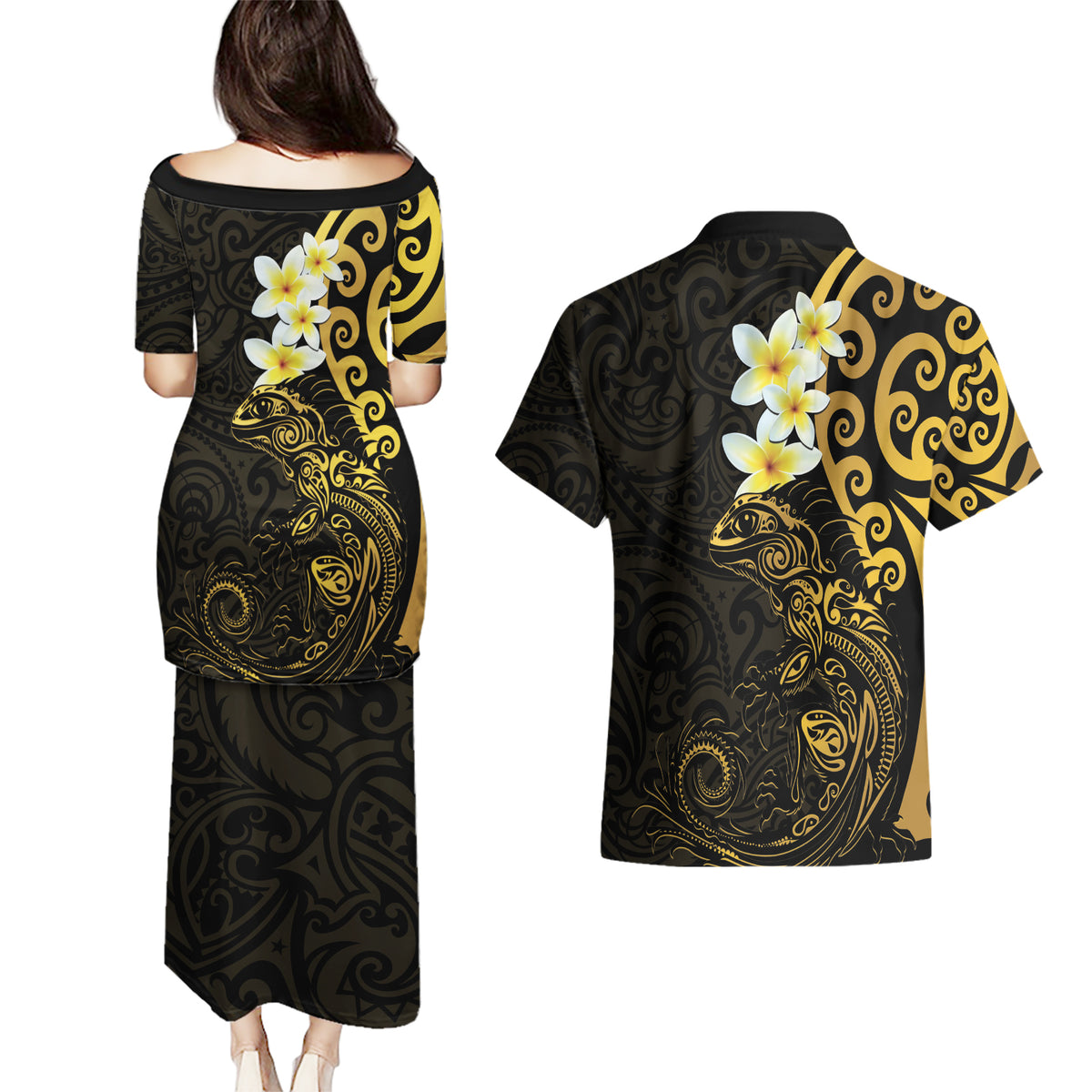 New Zealand Tuatara Plumeria Couples Matching Puletasi and Hawaiian Shirt Maori Gold Koru Tribal Tattoo