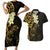 New Zealand Tuatara Plumeria Couples Matching Short Sleeve Bodycon Dress and Hawaiian Shirt Maori Gold Koru Tribal Tattoo