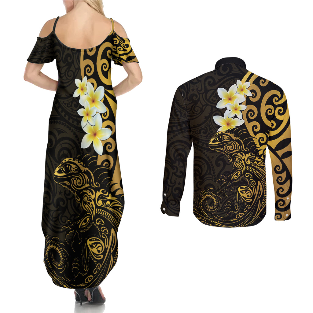 New Zealand Tuatara Plumeria Couples Matching Summer Maxi Dress and Long Sleeve Button Shirt Maori Gold Koru Tribal Tattoo