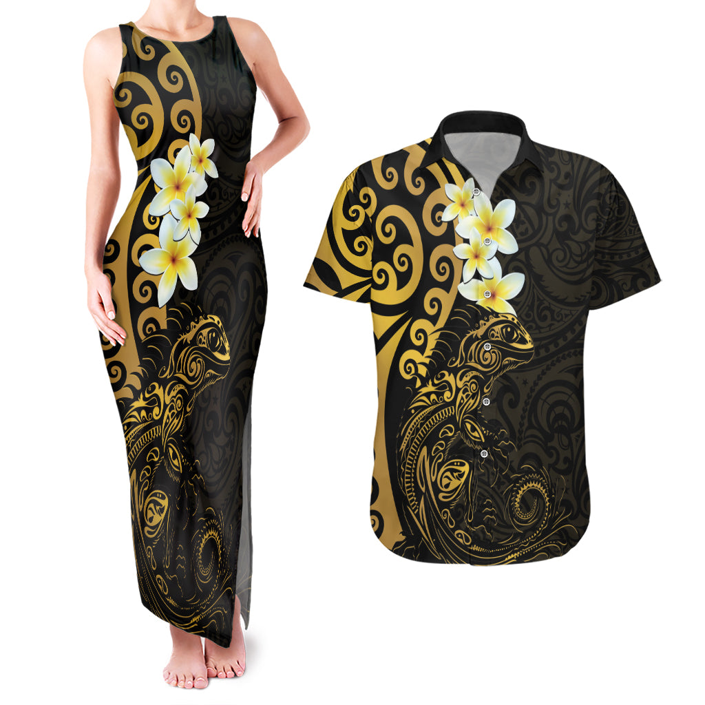 New Zealand Tuatara Plumeria Couples Matching Tank Maxi Dress and Hawaiian Shirt Maori Gold Koru Tribal Tattoo