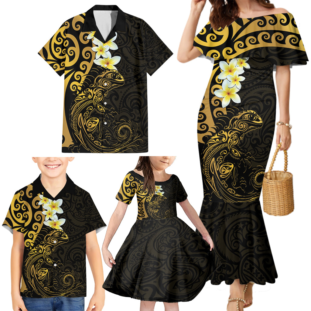New Zealand Tuatara Plumeria Family Matching Mermaid Dress and Hawaiian Shirt Maori Gold Koru Tribal Tattoo LT01 - Polynesian Pride