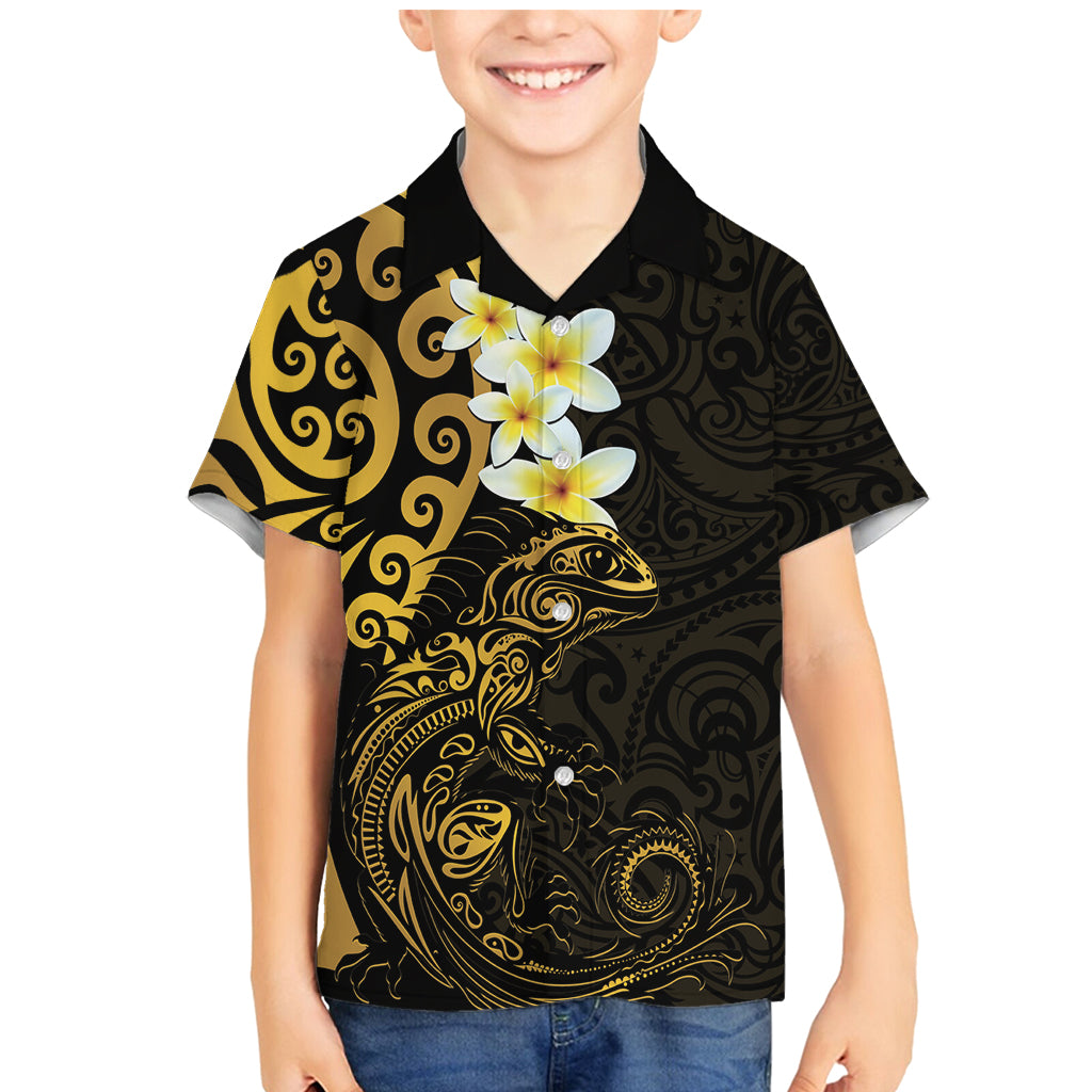 New Zealand Tuatara Plumeria Family Matching Mermaid Dress and Hawaiian Shirt Maori Gold Koru Tribal Tattoo