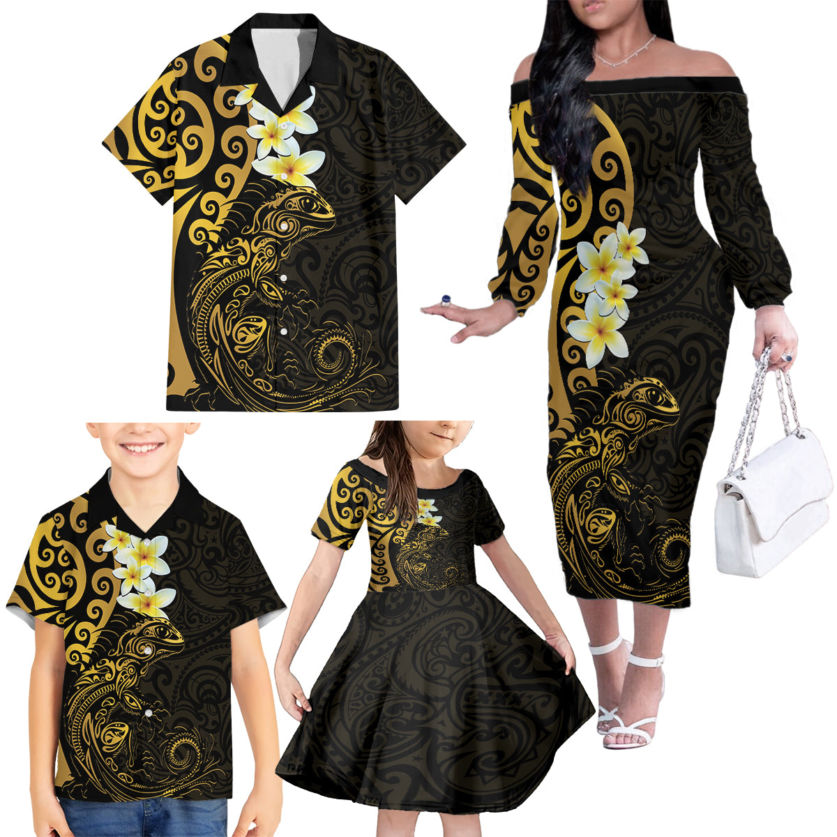 New Zealand Tuatara Plumeria Family Matching Off The Shoulder Long Sleeve Dress and Hawaiian Shirt Maori Gold Koru Tribal Tattoo LT01 - Polynesian Pride