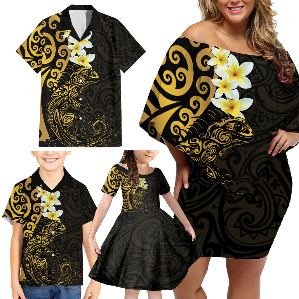 New Zealand Tuatara Plumeria Family Matching Off Shoulder Short Dress and Hawaiian Shirt Maori Gold Koru Tribal Tattoo