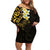 New Zealand Tuatara Plumeria Family Matching Off Shoulder Short Dress and Hawaiian Shirt Maori Gold Koru Tribal Tattoo