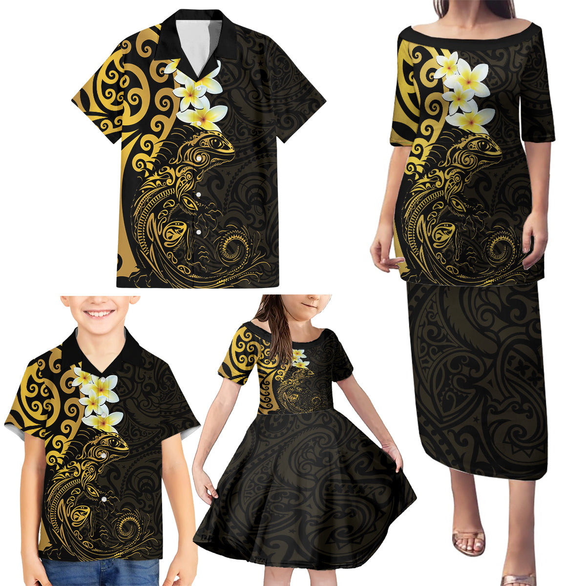 New Zealand Tuatara Plumeria Family Matching Puletasi and Hawaiian Shirt Maori Gold Koru Tribal Tattoo LT01 - Polynesian Pride