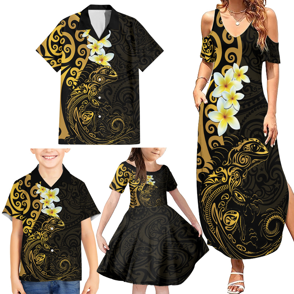 New Zealand Tuatara Plumeria Family Matching Summer Maxi Dress and Hawaiian Shirt Maori Gold Koru Tribal Tattoo