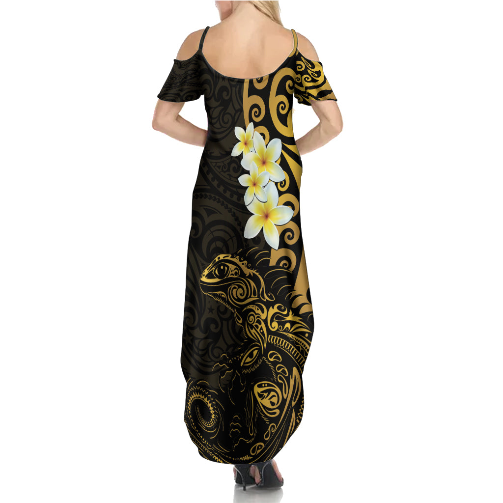 New Zealand Tuatara Plumeria Family Matching Summer Maxi Dress and Hawaiian Shirt Maori Gold Koru Tribal Tattoo