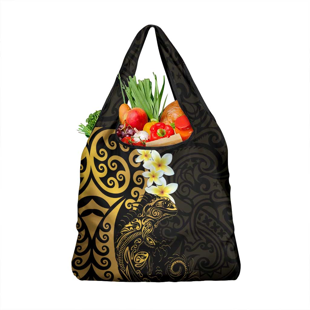 New Zealand Tuatara Plumeria Grocery Bag Maori Gold Koru Tribal Tattoo LT01 1-pack One Size Gold - Polynesian Pride