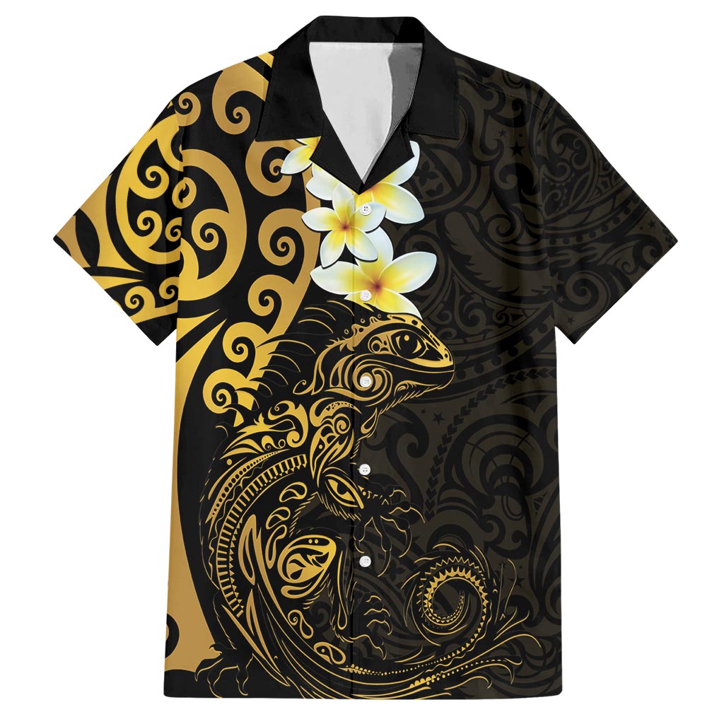 New Zealand Tuatara Plumeria Hawaiian Shirt Maori Gold Koru Tribal Tattoo