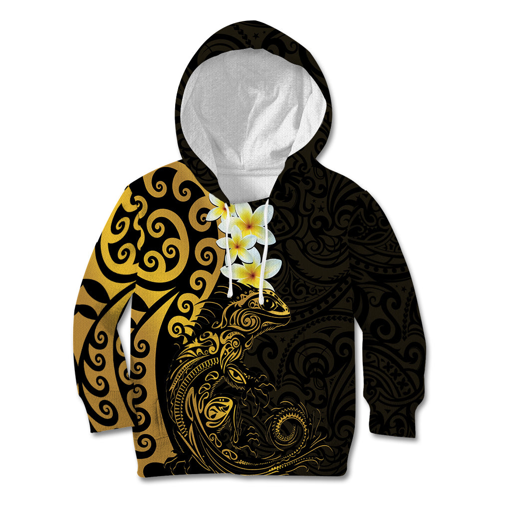 New Zealand Tuatara Plumeria Kid Hoodie Maori Gold Koru Tribal Tattoo