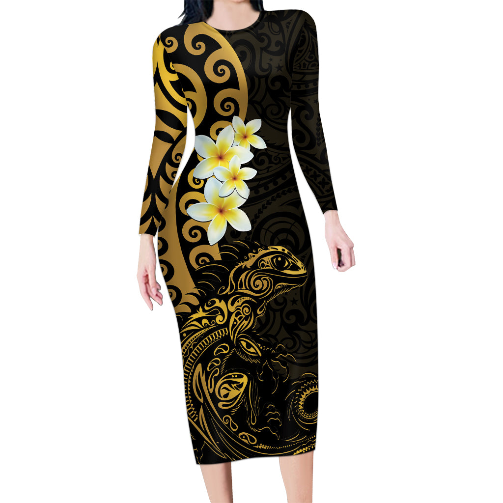 New Zealand Tuatara Plumeria Long Sleeve Bodycon Dress Maori Gold Koru Tribal Tattoo