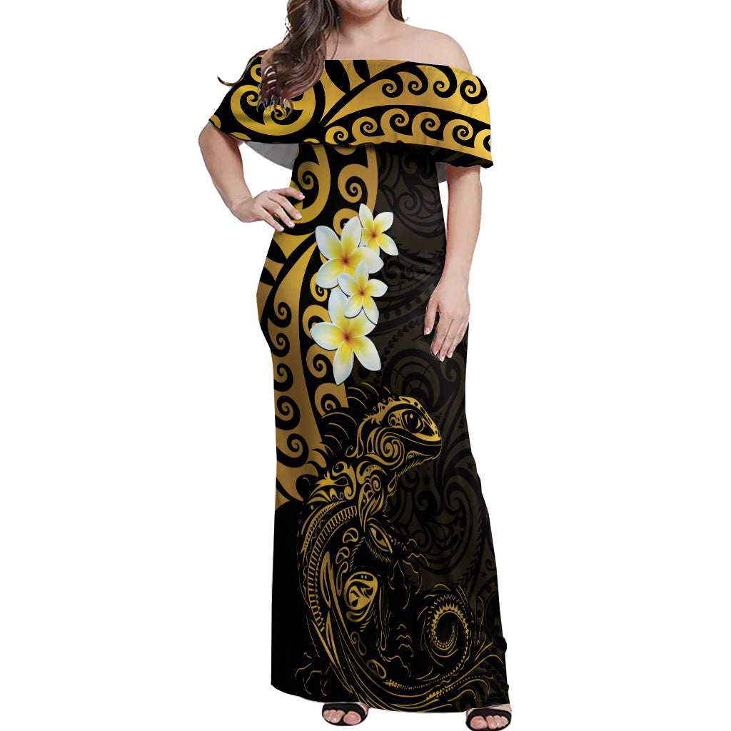 New Zealand Tuatara Plumeria Off Shoulder Maxi Dress Maori Gold Koru Tribal Tattoo