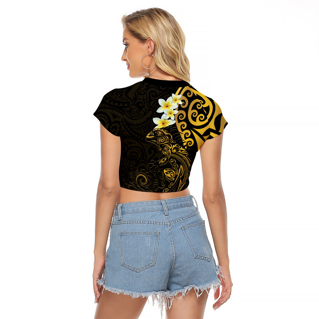 New Zealand Tuatara Plumeria Raglan Cropped T Shirt Maori Gold Koru Tribal Tattoo