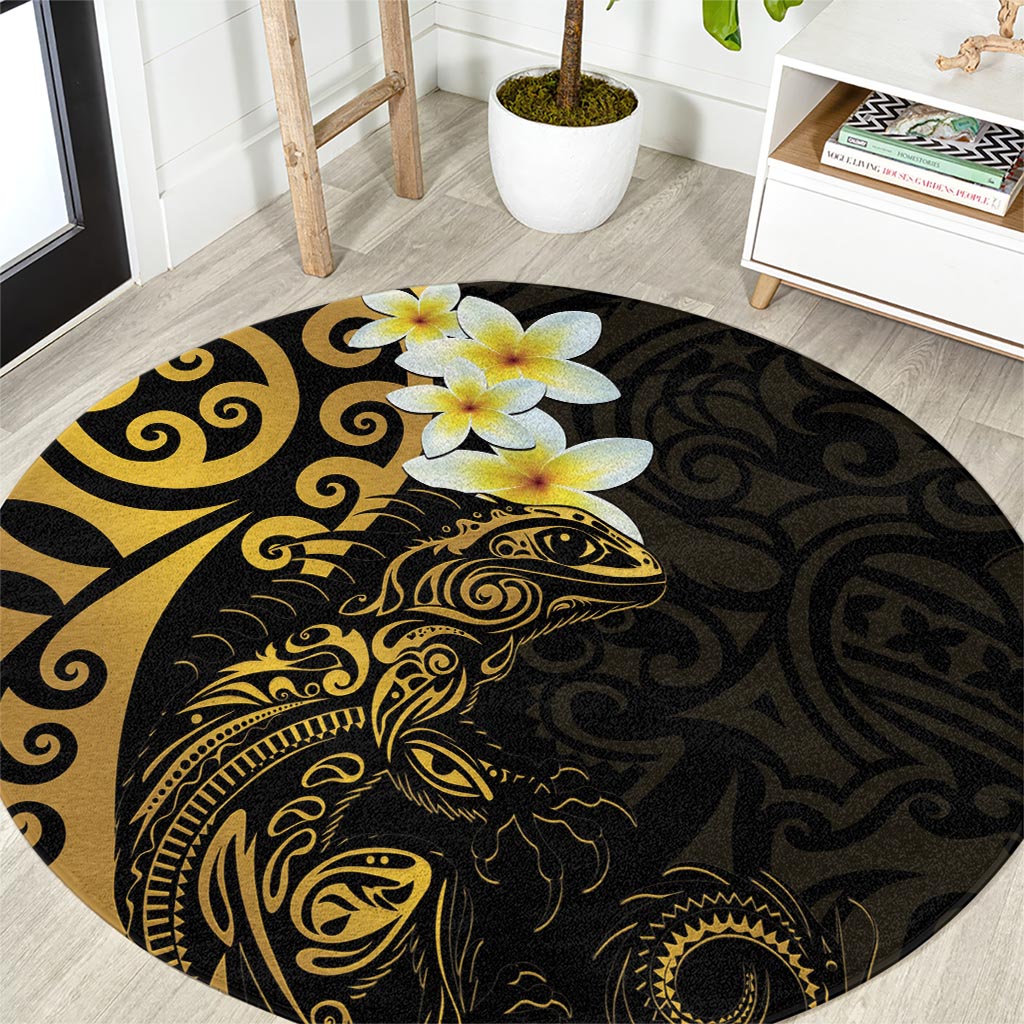 New Zealand Tuatara Plumeria Round Carpet Maori Gold Koru Tribal Tattoo