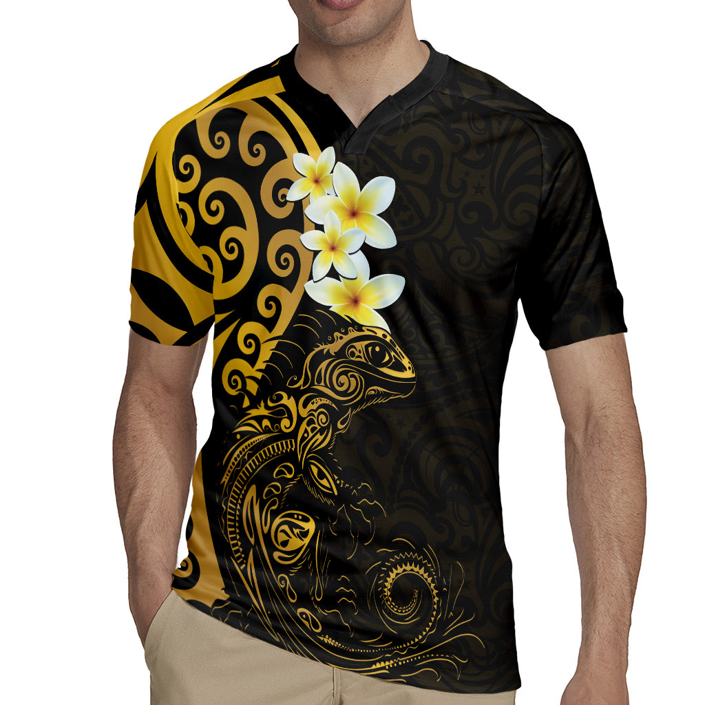 New Zealand Tuatara Plumeria Rugby Jersey Maori Gold Koru Tribal Tattoo