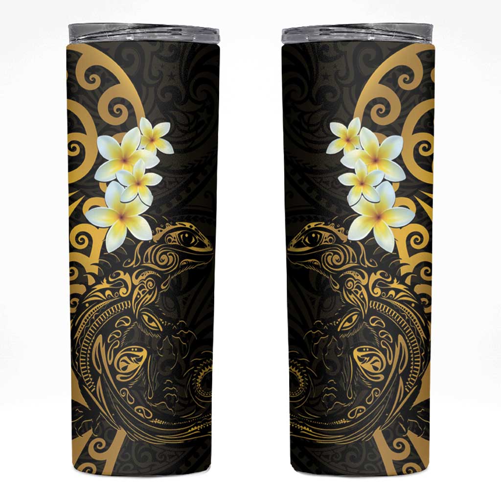 New Zealand Tuatara Plumeria Skinny Tumbler Maori Gold Koru Tribal Tattoo