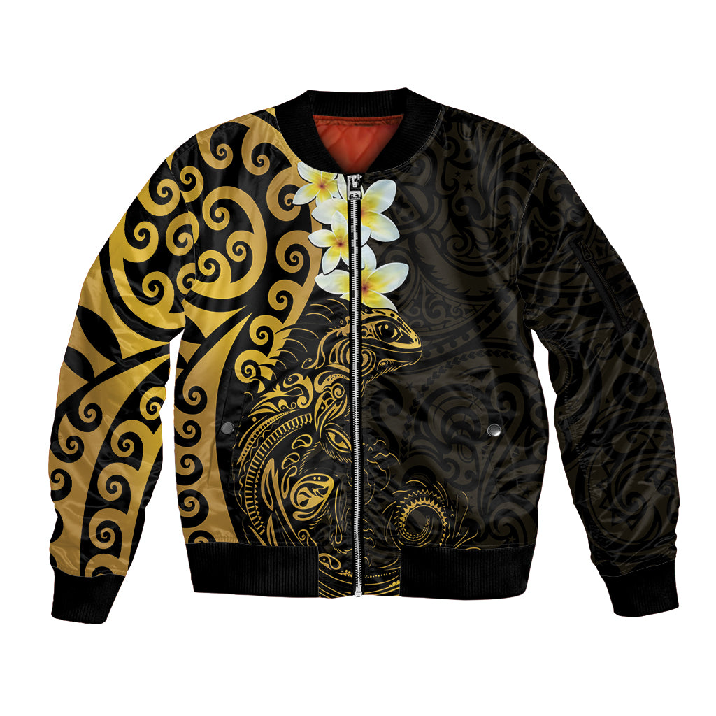 New Zealand Tuatara Plumeria Sleeve Zip Bomber Jacket Maori Gold Koru Tribal Tattoo LT01 Unisex Gold - Polynesian Pride