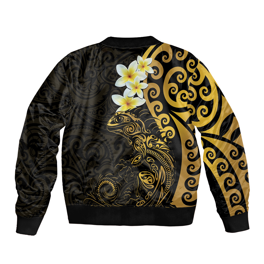 New Zealand Tuatara Plumeria Sleeve Zip Bomber Jacket Maori Gold Koru Tribal Tattoo