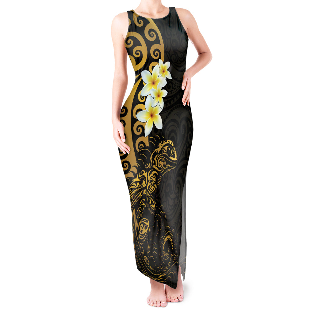 New Zealand Tuatara Plumeria Tank Maxi Dress Maori Gold Koru Tribal Tattoo