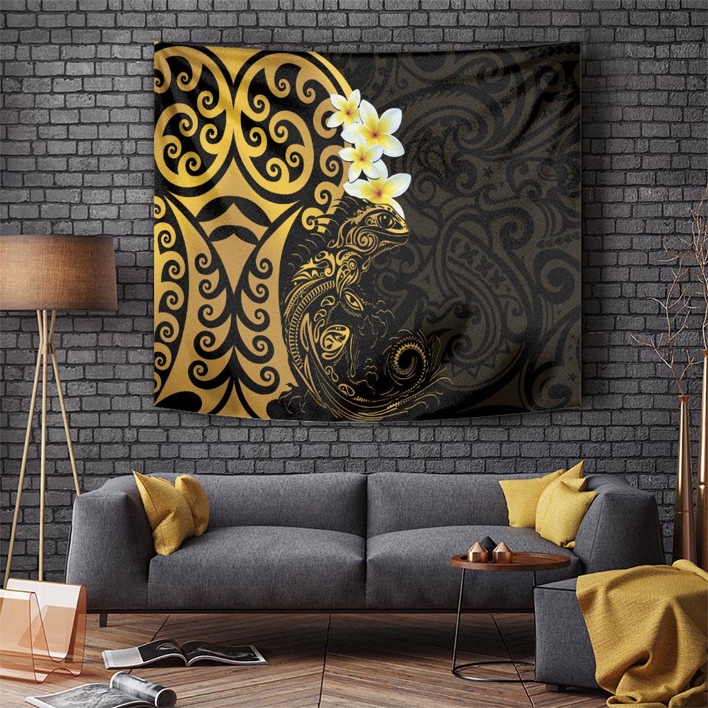 New Zealand Tuatara Plumeria Tapestry Maori Gold Koru Tribal Tattoo