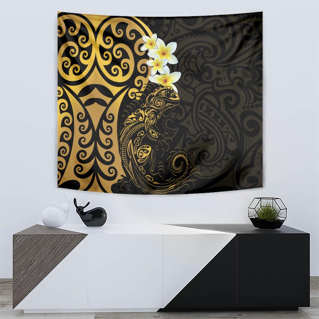 New Zealand Tuatara Plumeria Tapestry Maori Gold Koru Tribal Tattoo