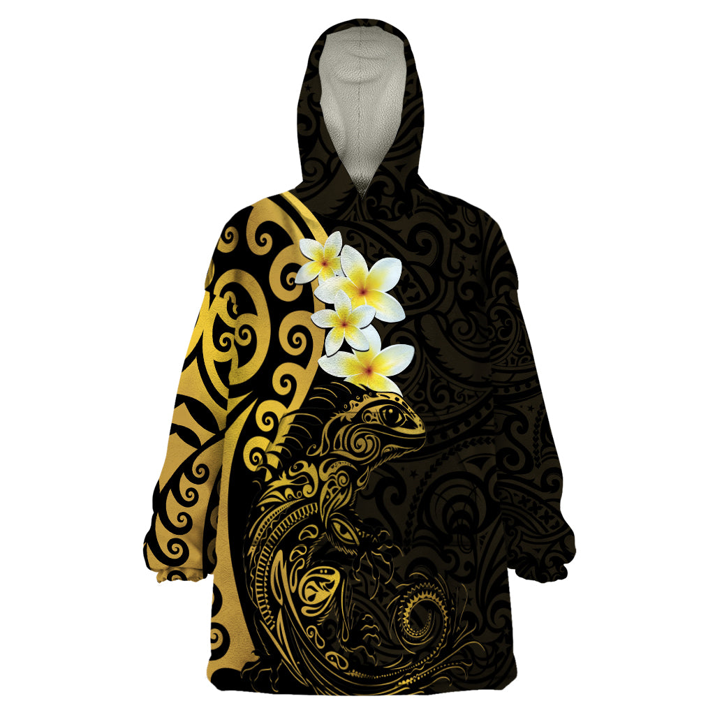 New Zealand Tuatara Plumeria Wearable Blanket Hoodie Maori Gold Koru Tribal Tattoo