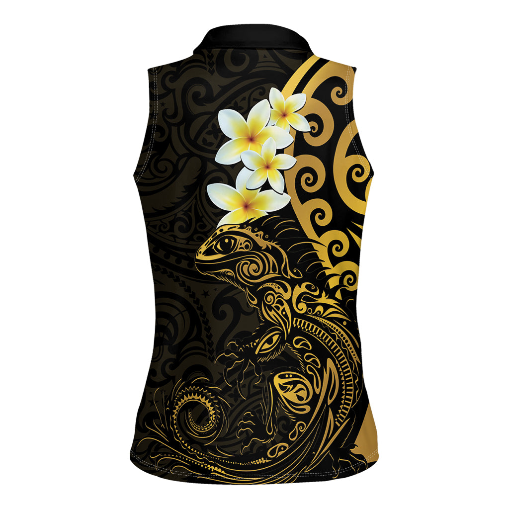 New Zealand Tuatara Plumeria Women Sleeveless Polo Shirt Maori Gold Koru Tribal Tattoo
