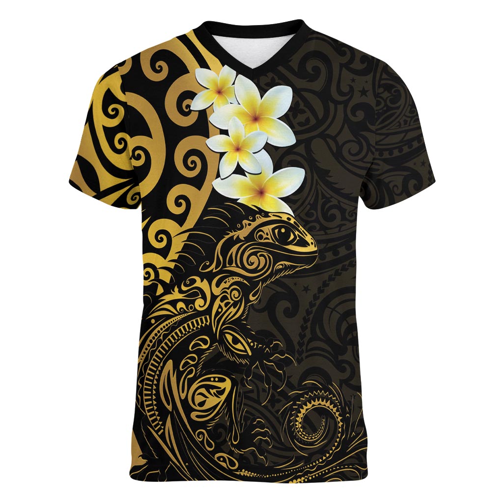 New Zealand Tuatara Plumeria Women V-Neck T-Shirt Maori Gold Koru Tribal Tattoo