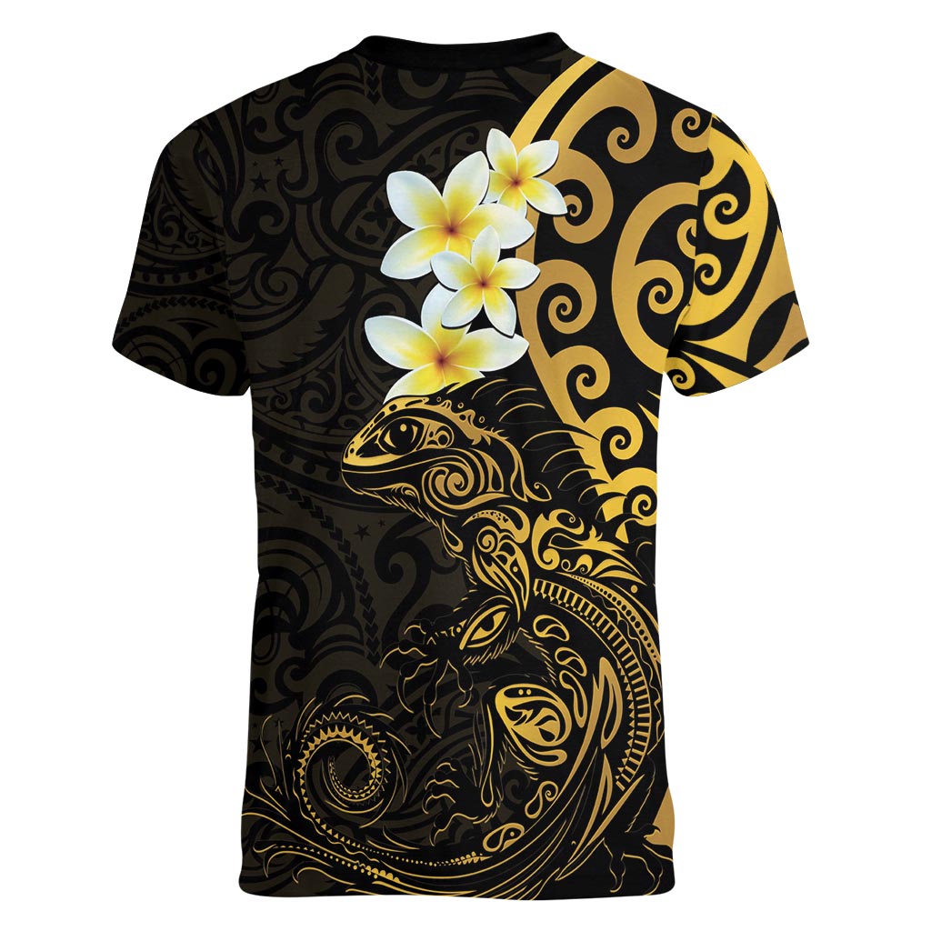New Zealand Tuatara Plumeria Women V-Neck T-Shirt Maori Gold Koru Tribal Tattoo