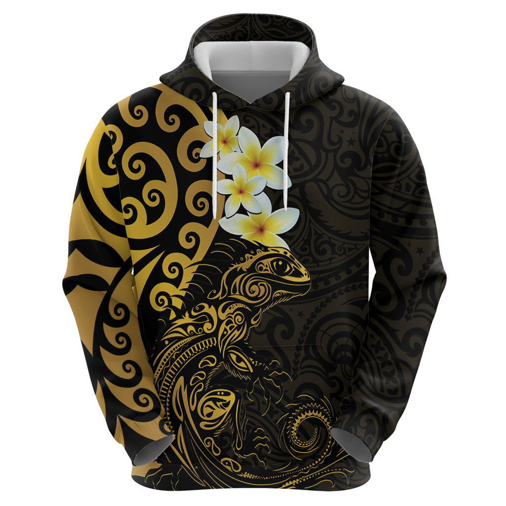 New Zealand Tuatara Plumeria Zip Hoodie Maori Gold Koru Tribal Tattoo
