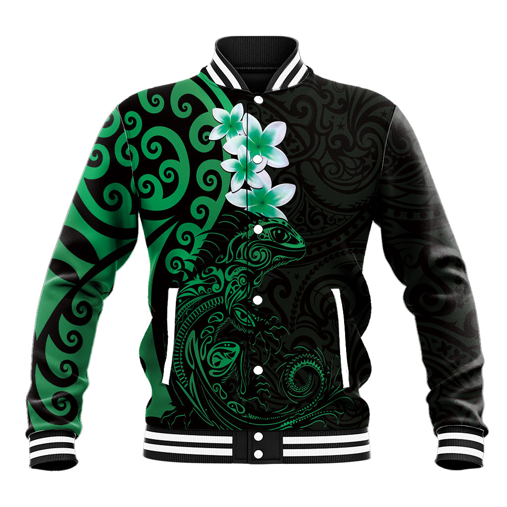 New Zealand Tuatara Plumeria Baseball Jacket Maori Green Koru Tribal Tattoo LT01 Unisex Green - Polynesian Pride