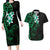 New Zealand Tuatara Plumeria Couples Matching Long Sleeve Bodycon Dress and Hawaiian Shirt Maori Green Koru Tribal Tattoo