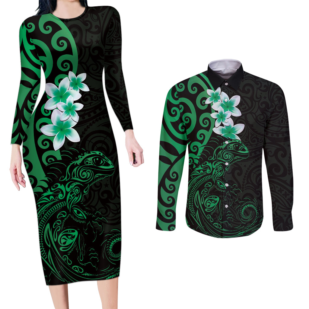 New Zealand Tuatara Plumeria Couples Matching Long Sleeve Bodycon Dress and Long Sleeve Button Shirt Maori Green Koru Tribal Tattoo