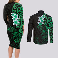 New Zealand Tuatara Plumeria Couples Matching Long Sleeve Bodycon Dress and Long Sleeve Button Shirt Maori Green Koru Tribal Tattoo