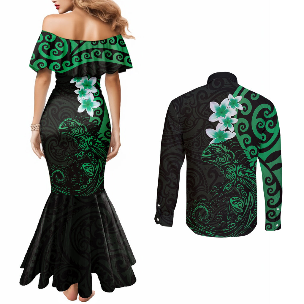 New Zealand Tuatara Plumeria Couples Matching Mermaid Dress and Long Sleeve Button Shirt Maori Green Koru Tribal Tattoo