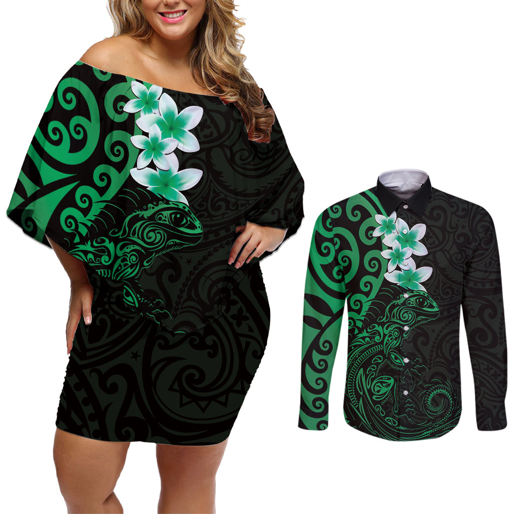 New Zealand Tuatara Plumeria Couples Matching Off Shoulder Short Dress and Long Sleeve Button Shirt Maori Green Koru Tribal Tattoo