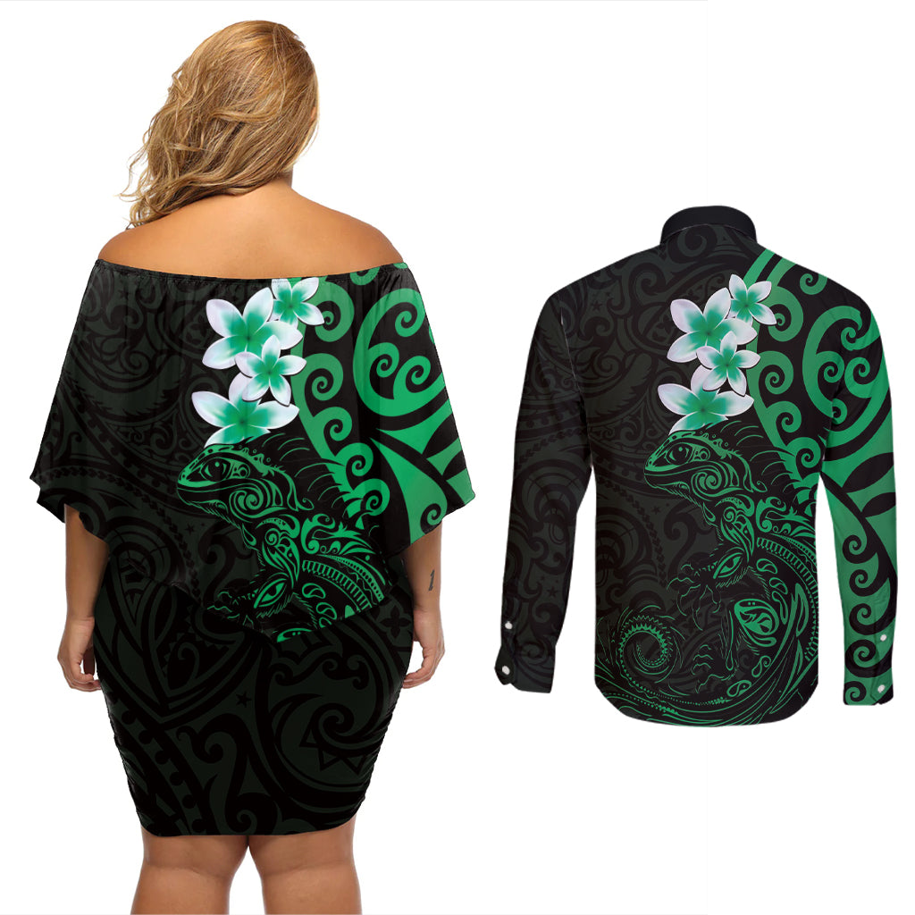 New Zealand Tuatara Plumeria Couples Matching Off Shoulder Short Dress and Long Sleeve Button Shirt Maori Green Koru Tribal Tattoo