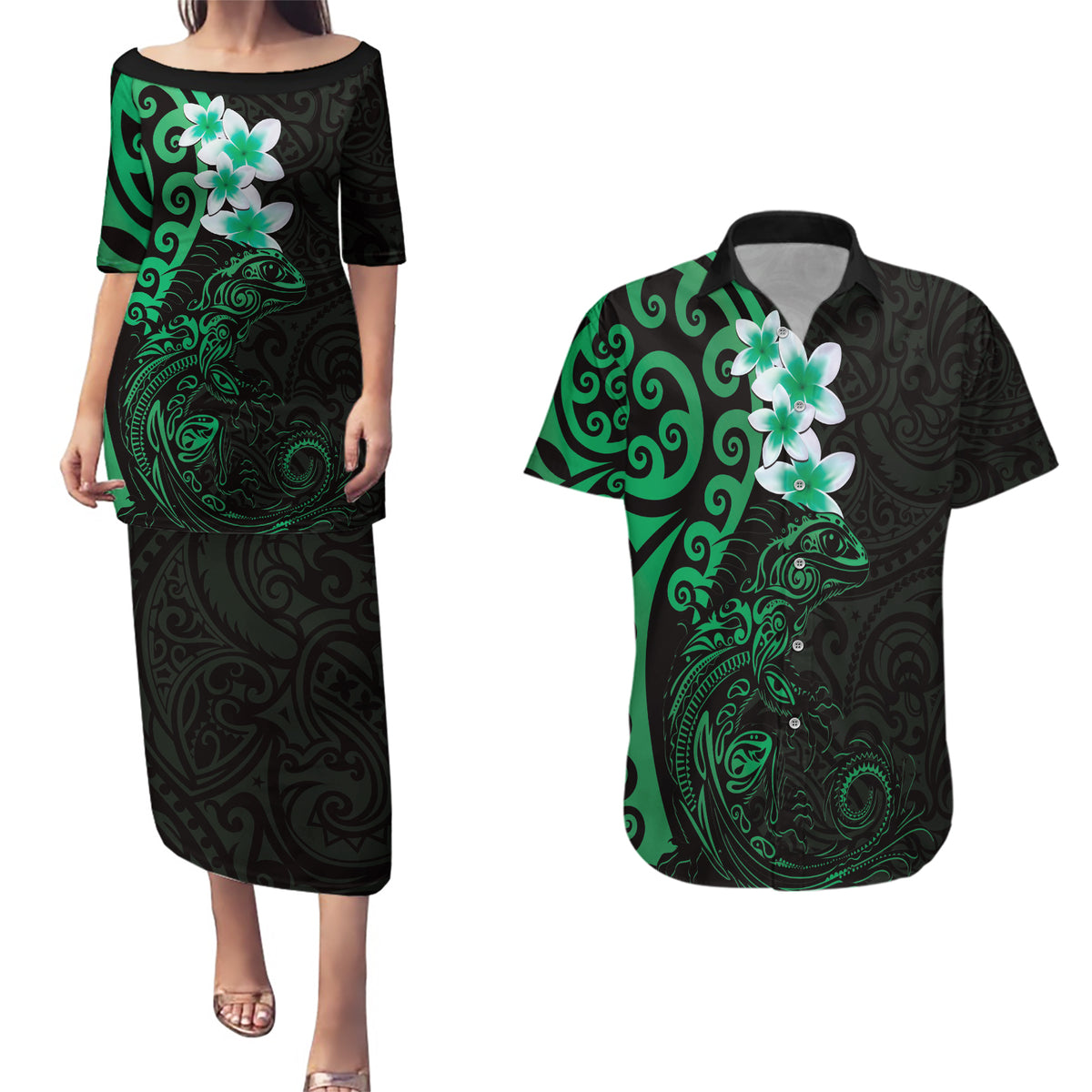 New Zealand Tuatara Plumeria Couples Matching Puletasi and Hawaiian Shirt Maori Green Koru Tribal Tattoo