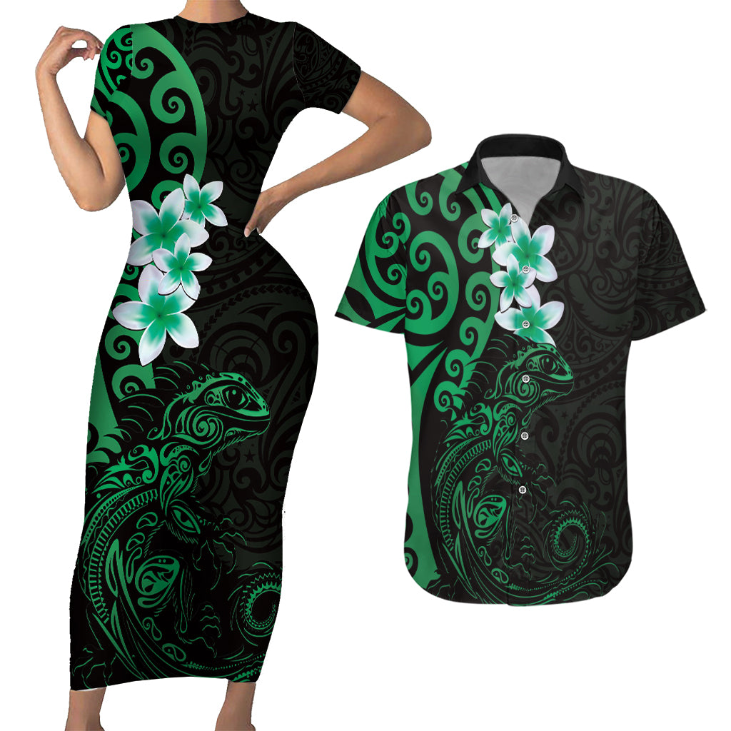 New Zealand Tuatara Plumeria Couples Matching Short Sleeve Bodycon Dress and Hawaiian Shirt Maori Green Koru Tribal Tattoo