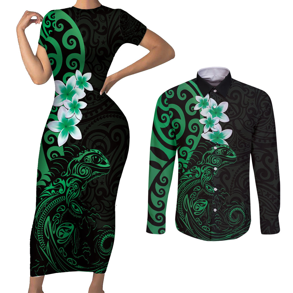 New Zealand Tuatara Plumeria Couples Matching Short Sleeve Bodycon Dress and Long Sleeve Button Shirt Maori Green Koru Tribal Tattoo