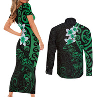 New Zealand Tuatara Plumeria Couples Matching Short Sleeve Bodycon Dress and Long Sleeve Button Shirt Maori Green Koru Tribal Tattoo