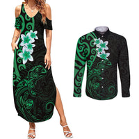 New Zealand Tuatara Plumeria Couples Matching Summer Maxi Dress and Long Sleeve Button Shirt Maori Green Koru Tribal Tattoo